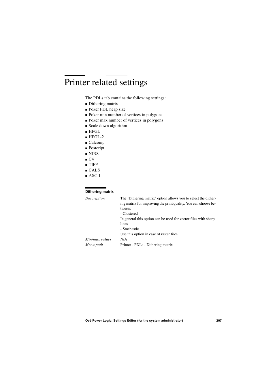 Printer related settings, Printer related settings 207 | Oce North America TDS600 User Manual | Page 207 / 338