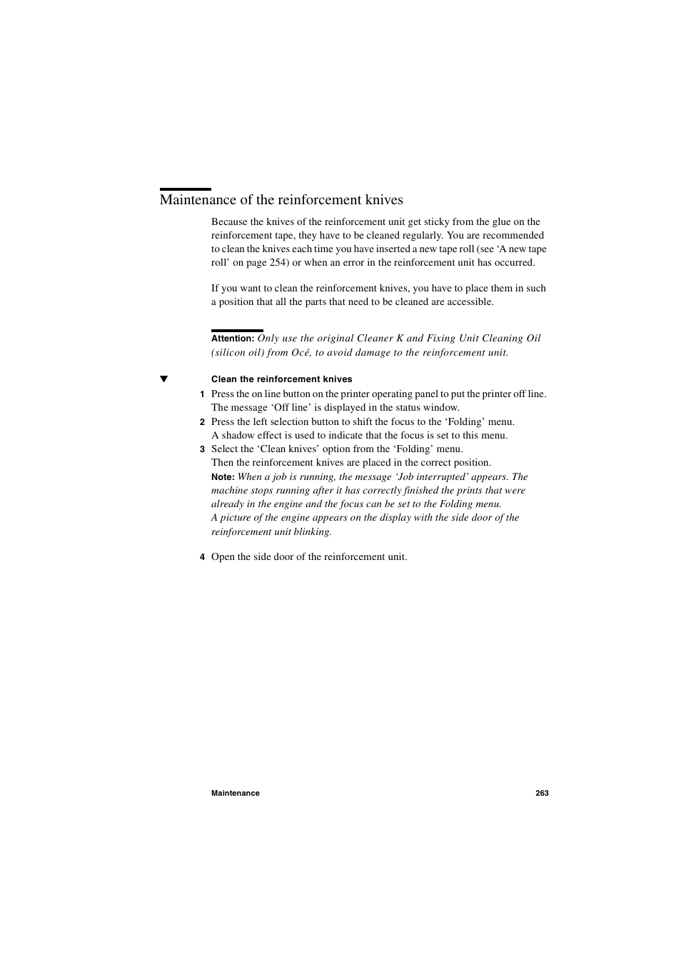 Maintenance of the reinforcement knives, Maintenance of the reinforcement knives 263 | Oce North America TDS600 User Manual | Page 263 / 338