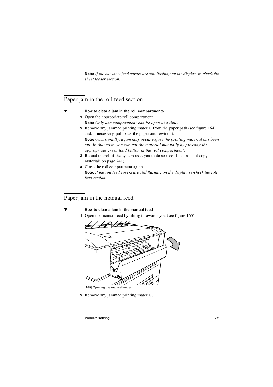 Paper jam in the roll feed section, Paper jam in the manual feed | Oce North America TDS600 User Manual | Page 271 / 338