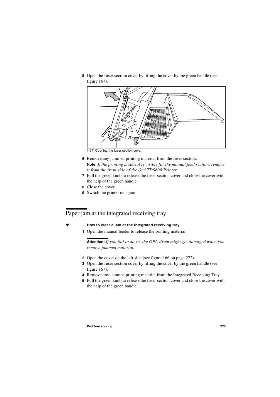 Paper jam at the integrated receiving tray, Paper jam at the integrated receiving tray 273 | Oce North America TDS600 User Manual | Page 273 / 338