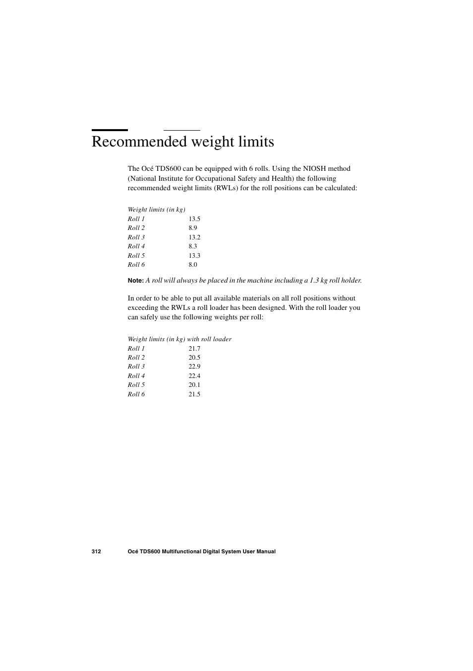 Recommended weight limits, Recommended weight limits 312 | Oce North America TDS600 User Manual | Page 312 / 338