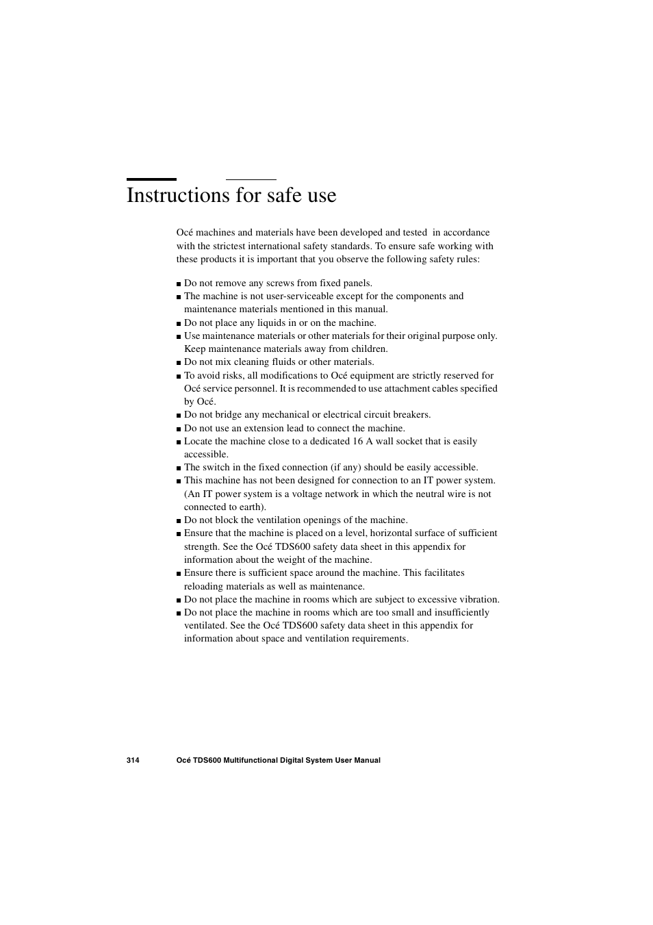 Instructions for safe use, Instructions for safe use 314 | Oce North America TDS600 User Manual | Page 314 / 338