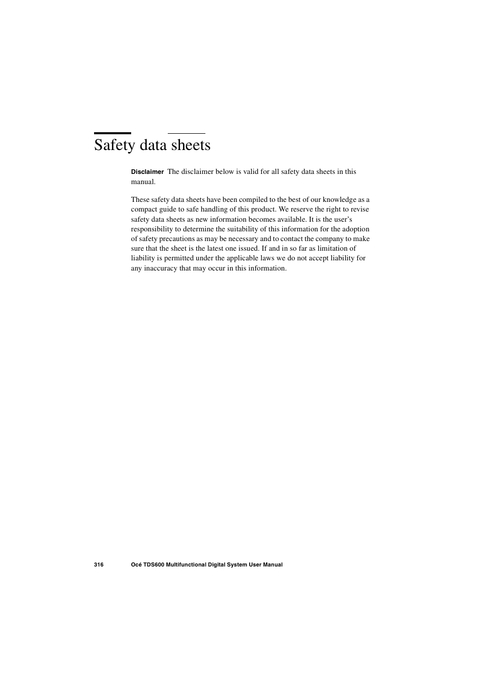 Safety data sheets, Safety data sheets 316 | Oce North America TDS600 User Manual | Page 316 / 338