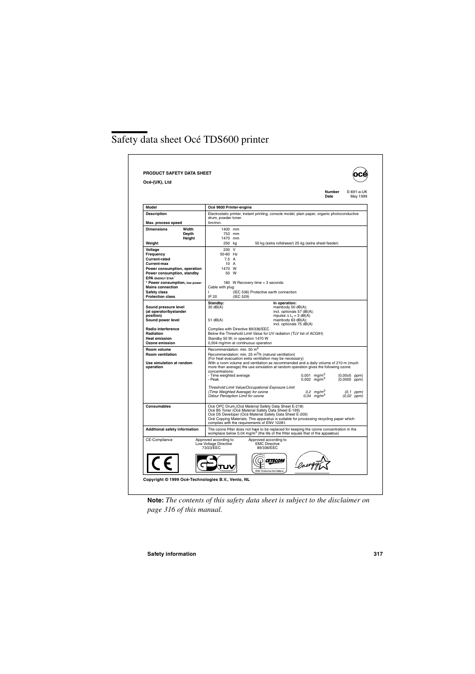 Safety data sheet océ tds600 printer, Safety data sheet océ tds600 printer 317 | Oce North America TDS600 User Manual | Page 317 / 338