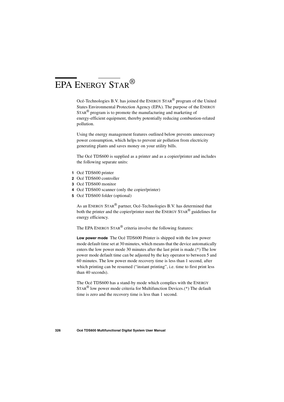 Epa energy star, Epa e, Nergy | Oce North America TDS600 User Manual | Page 326 / 338