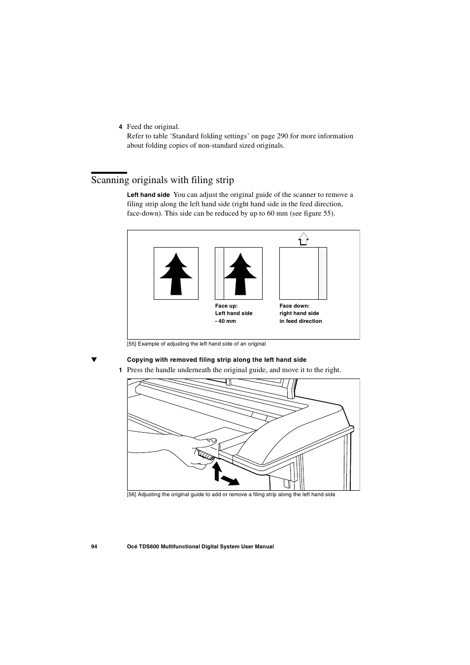 Scanning originals with filing strip, Scanning originals with filing strip 94 | Oce North America TDS600 User Manual | Page 94 / 338