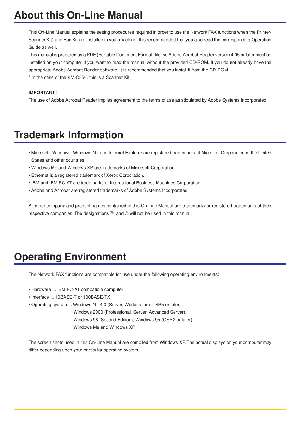 About this on-line manual, Trademark information, Operating environment | Oce North America OP1030 User Manual | Page 2 / 64