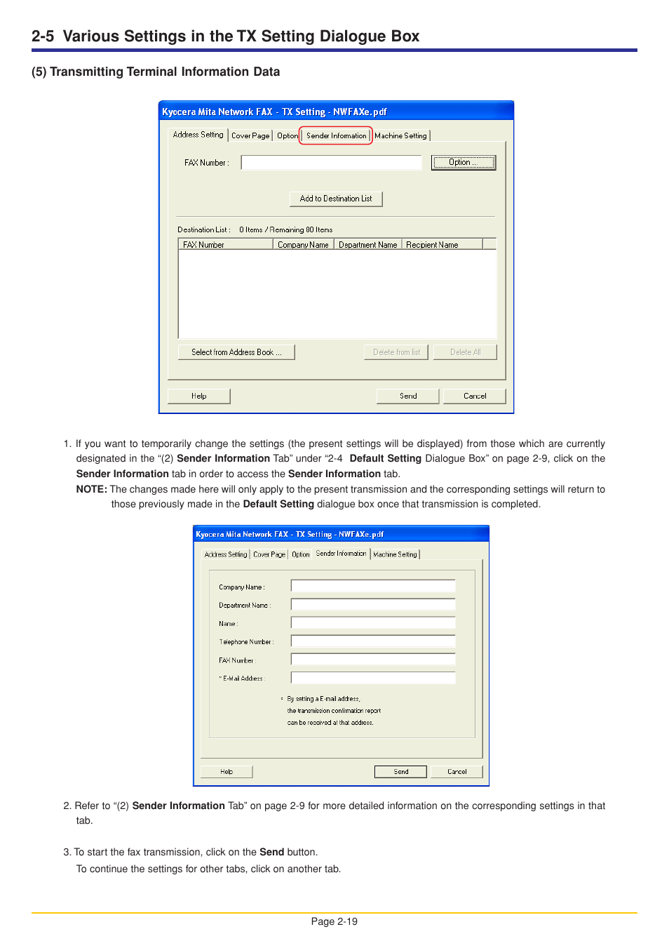 5) transmitting terminal information data, 5) transmitting terminal information data -19, 5 various settings in the tx setting dialogue box | Oce North America OP1030 User Manual | Page 32 / 64