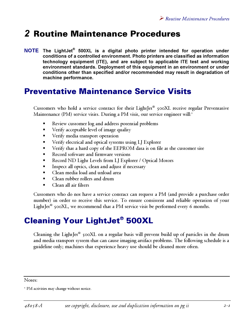 2 routine maintenance procedures -1, 500xl -1, Routine maintenance procedures | Preventative maintenance service visits, Cleaning your lightjet, 500xl | Oce North America LIGHTJET 500XL User Manual | Page 11 / 22