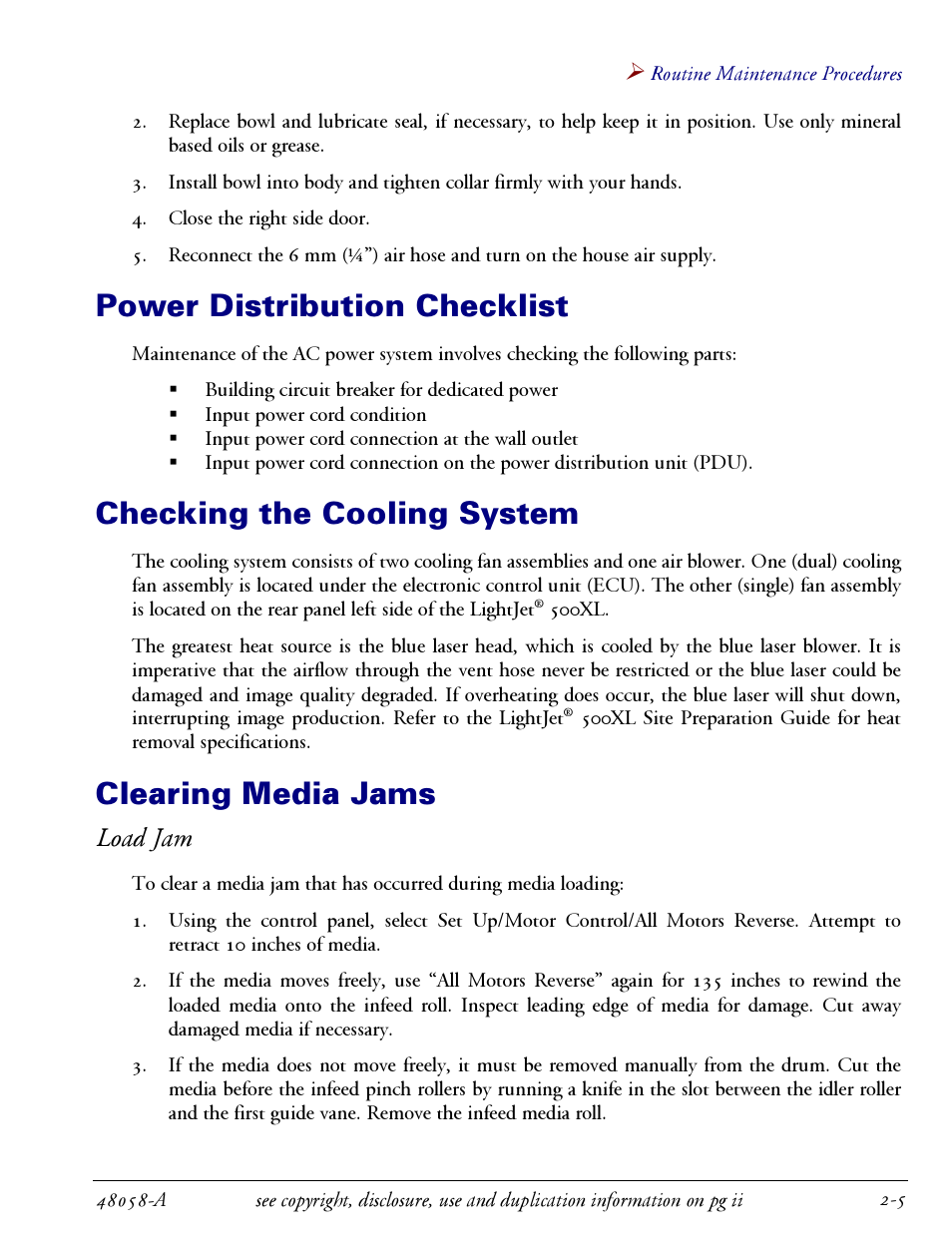 Load jam -5, Power distribution checklist, Checking the cooling system | Clearing media jams, Load jam | Oce North America LIGHTJET 500XL User Manual | Page 15 / 22