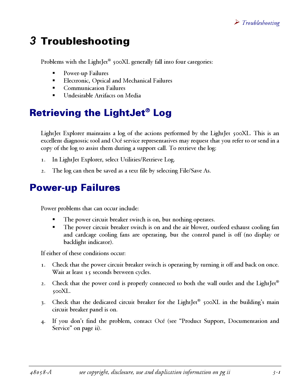 3 troubleshooting -1, Retrieving the lightjet, Log -1 | Power-up failures -1, Troubleshooting, Power-up failures | Oce North America LIGHTJET 500XL User Manual | Page 17 / 22