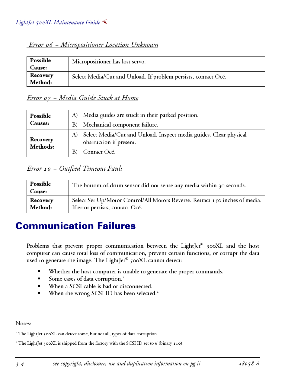 Communication failures -4, Communication failures, Error 06 – micropositioner location unknown | Error 07 – media guide stuck at home, Error 10 – outfeed timeout fault | Oce North America LIGHTJET 500XL User Manual | Page 20 / 22