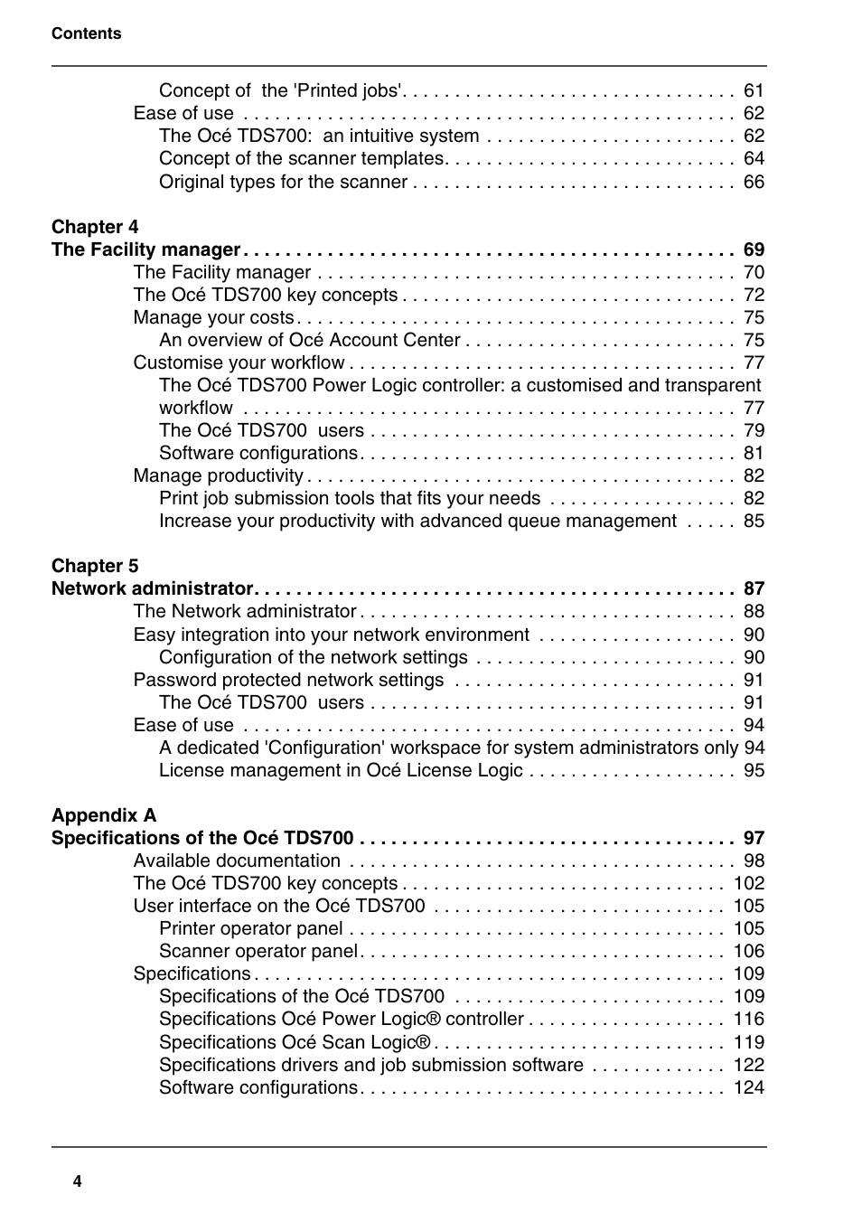 Oce North America TDS700 User Manual | Page 4 / 128