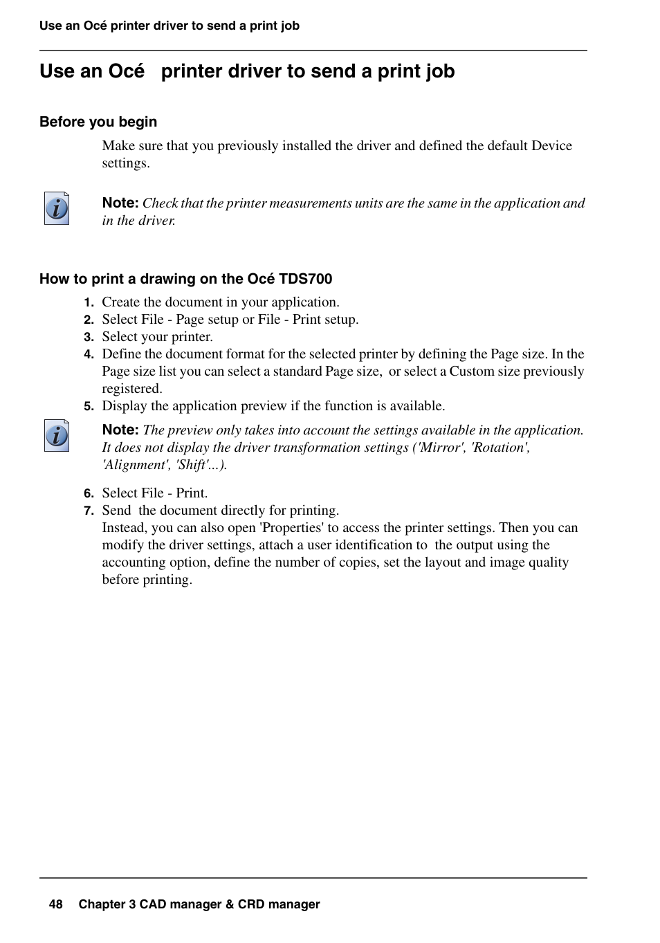 Use an océ printer driver to send a print job | Oce North America TDS700 User Manual | Page 48 / 128