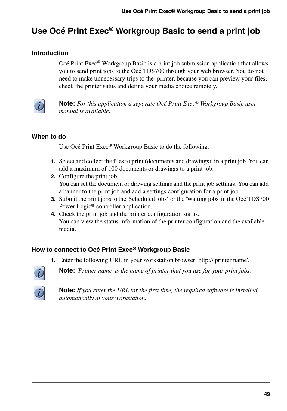 Use océ print exec, Workgroup basic to send a print job | Oce North America TDS700 User Manual | Page 49 / 128