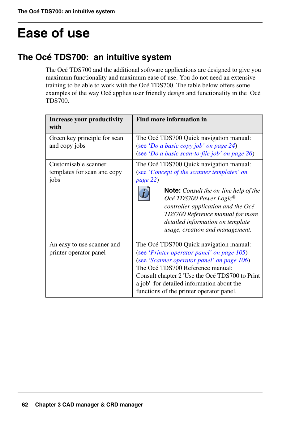 Ease of use, The océ tds700: an intuitive system | Oce North America TDS700 User Manual | Page 62 / 128