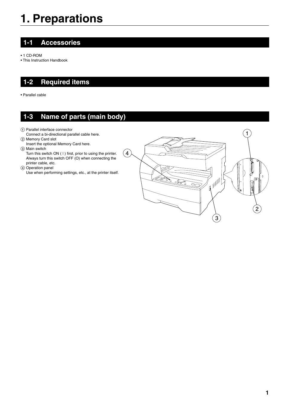 Preparations, 1 accessories, 2 required items | 3 name of parts (main body) | Oce North America OP14 User Manual | Page 8 / 16