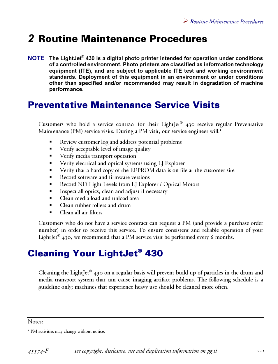 2 routine maintenance procedures -1, Routine maintenance procedures, Preventative maintenance service visits | Cleaning your lightjet | Oce North America LIGHTJET 430 User Manual | Page 11 / 22