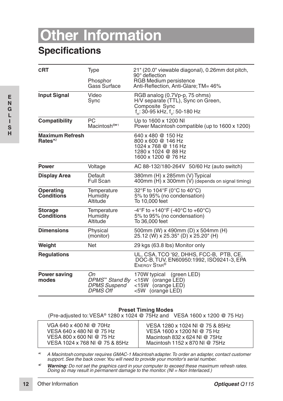 Other information, Specifications | Optiquest Q115 User Manual | Page 13 / 18
