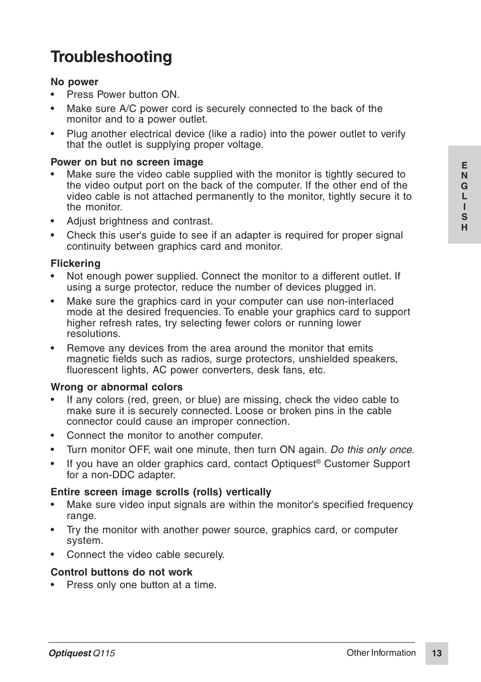 Troubleshooting | Optiquest Q115 User Manual | Page 14 / 18