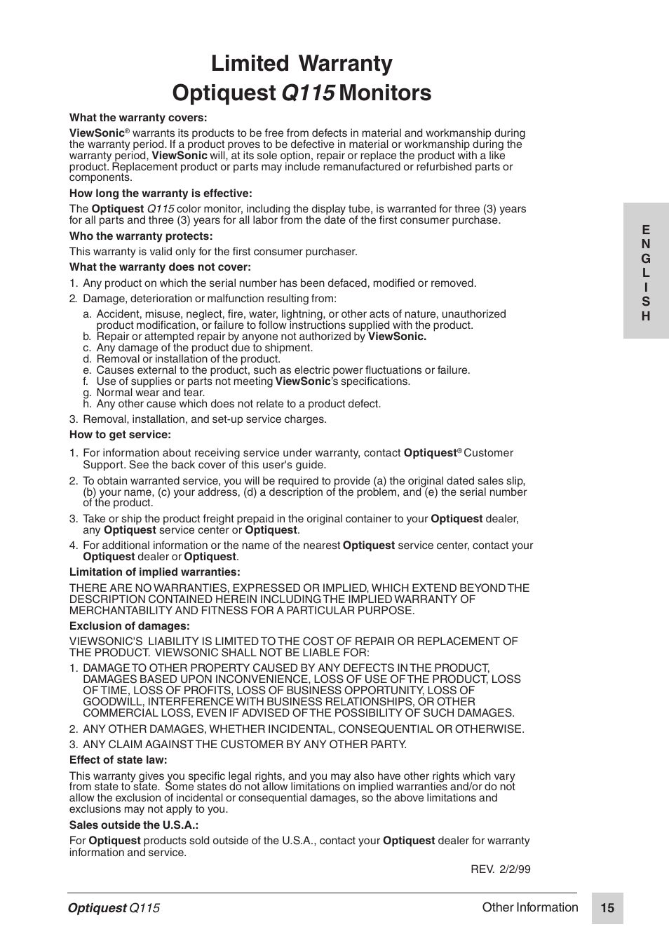 Q115, Limited warranty optiquest, Monitors | Optiquest Q115 User Manual | Page 16 / 18