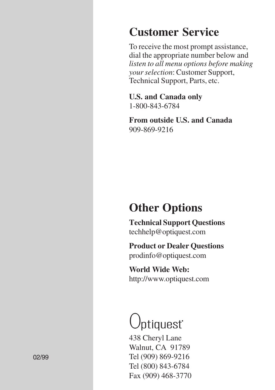 Customer service, Other options | Optiquest Q115 User Manual | Page 18 / 18