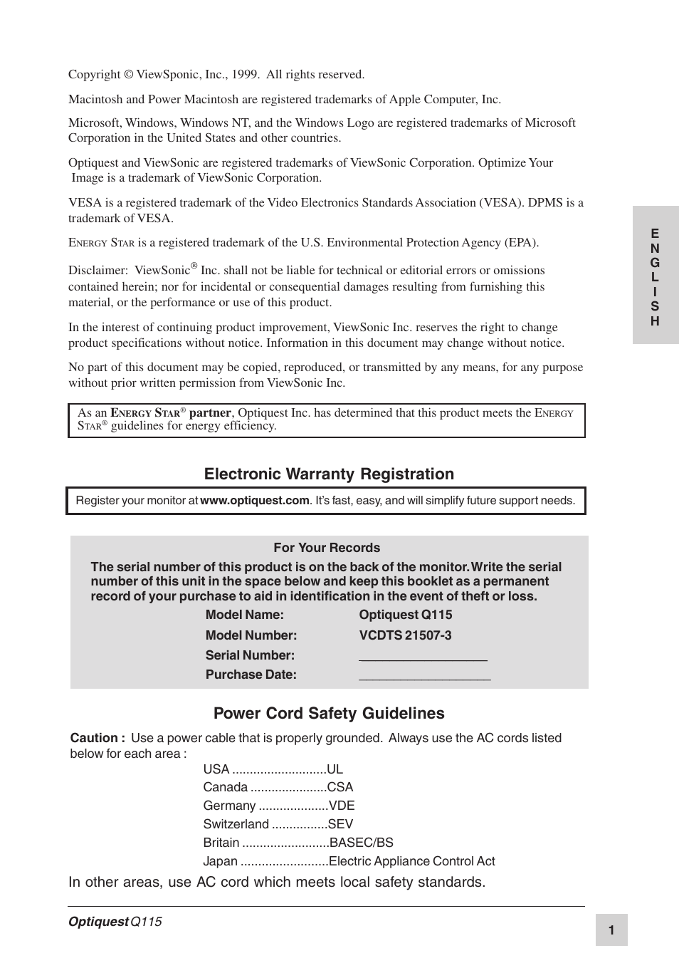 Power cord safety guidelines, Electronic warranty registration | Optiquest Q115 User Manual | Page 2 / 18