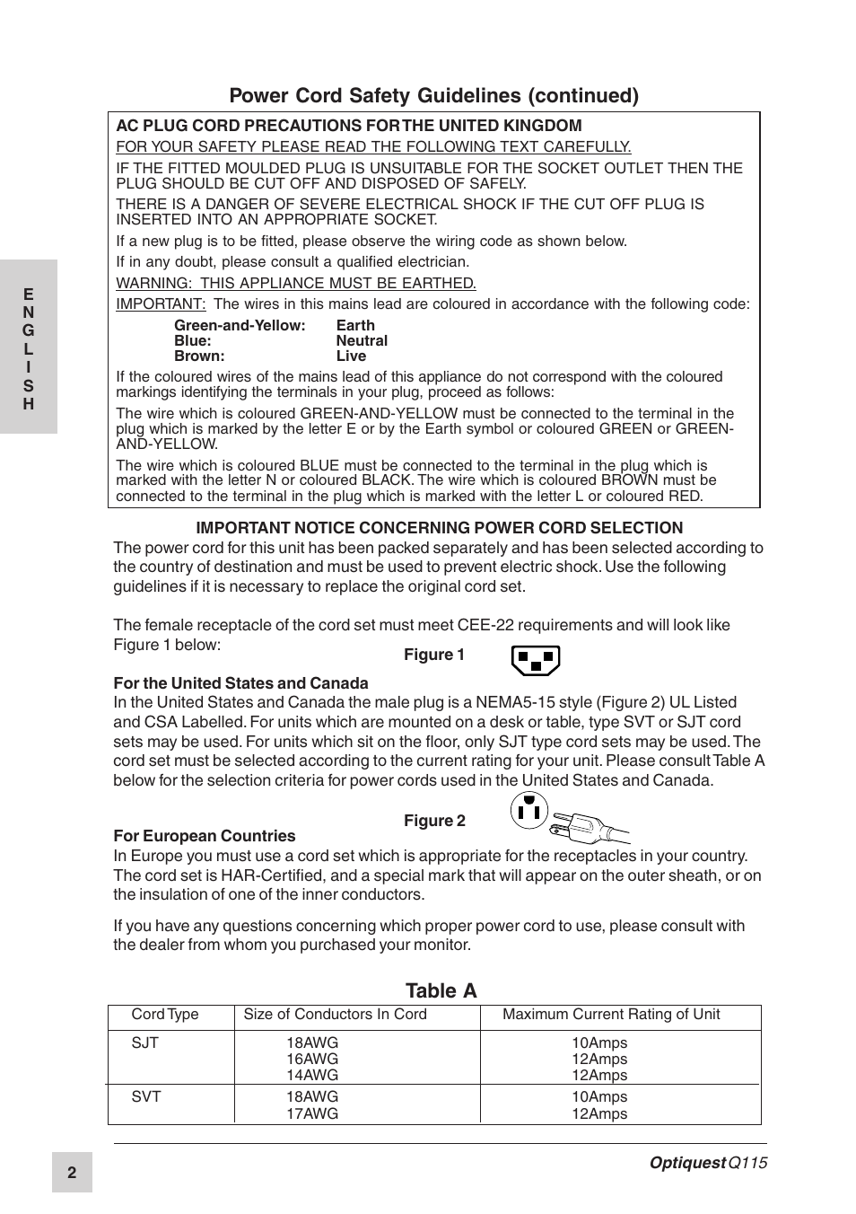Table a, Power cord safety guidelines (continued) | Optiquest Q115 User Manual | Page 3 / 18