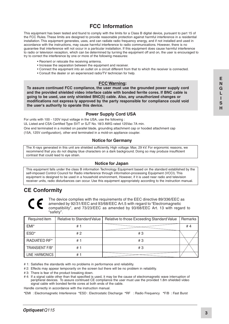 Fcc information, Ce conformity | Optiquest Q115 User Manual | Page 4 / 18