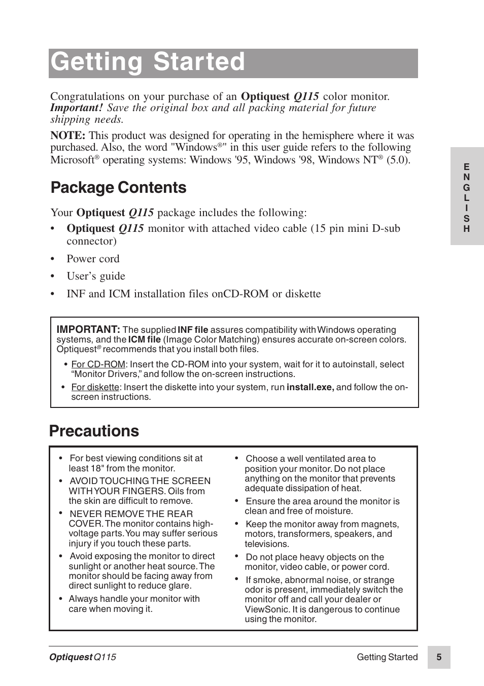 Getting started, Package contents, Precautions | Optiquest Q115 User Manual | Page 6 / 18