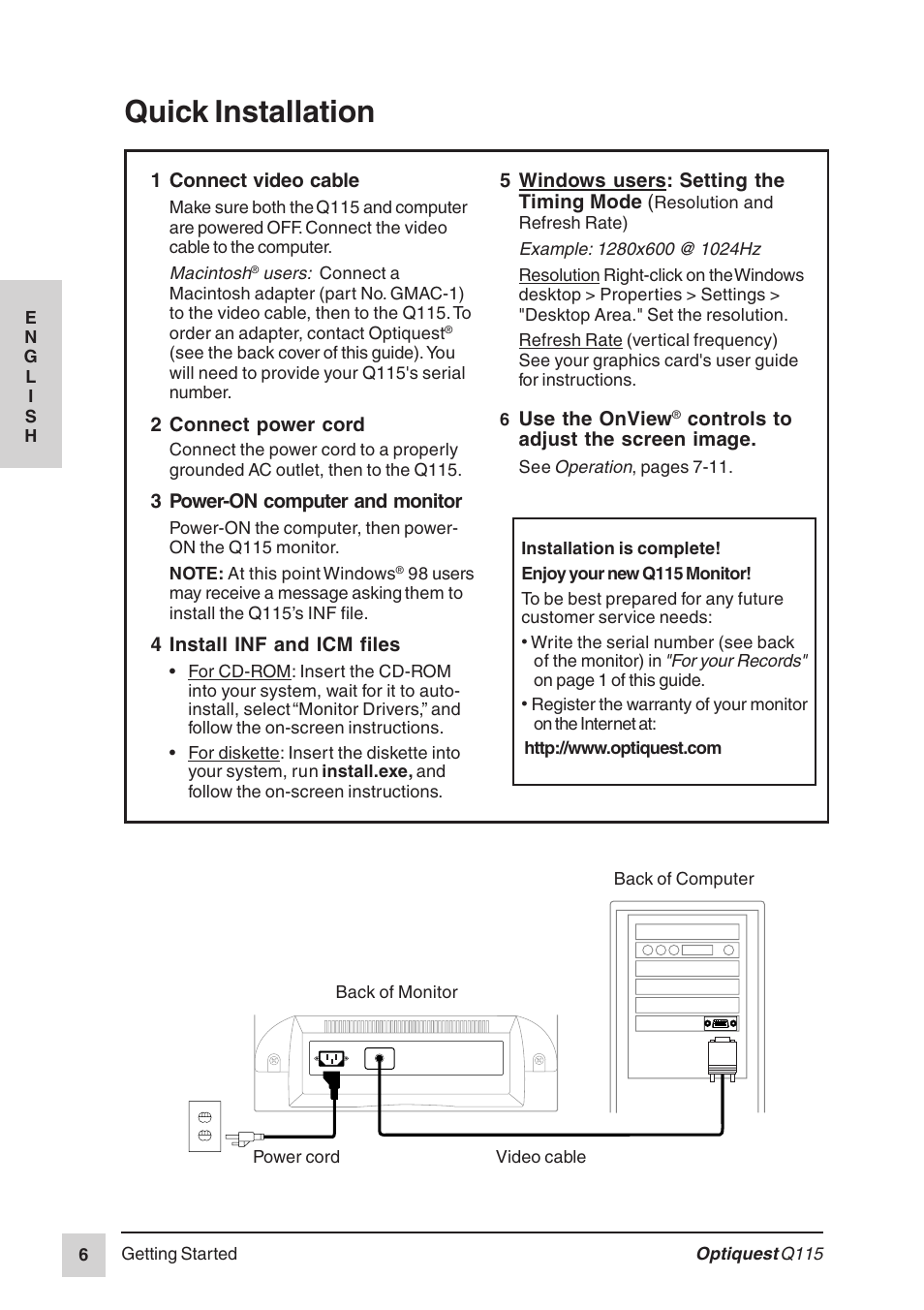 Quick installation | Optiquest Q115 User Manual | Page 7 / 18
