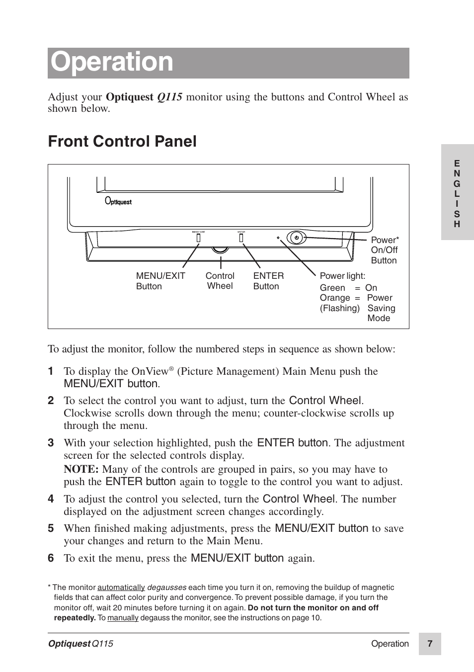 Operation, Front control panel | Optiquest Q115 User Manual | Page 8 / 18