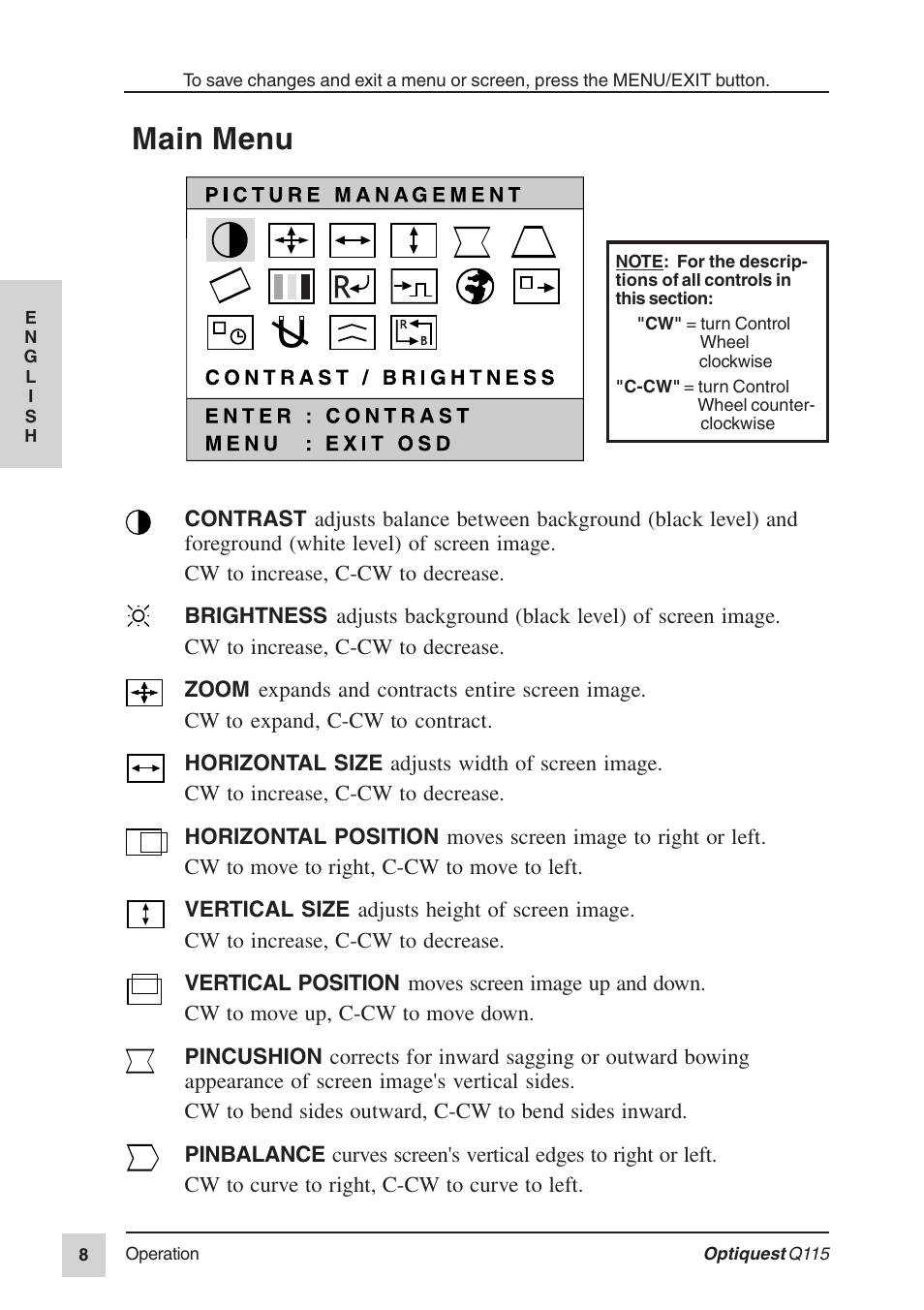 Main menu | Optiquest Q115 User Manual | Page 9 / 18