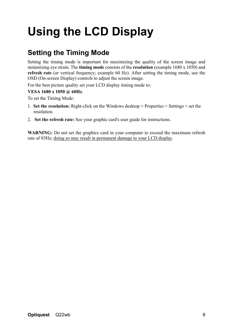 Using the lcd display, Setting the timing mode | Optiquest QW22B VS11725 User Manual | Page 12 / 24