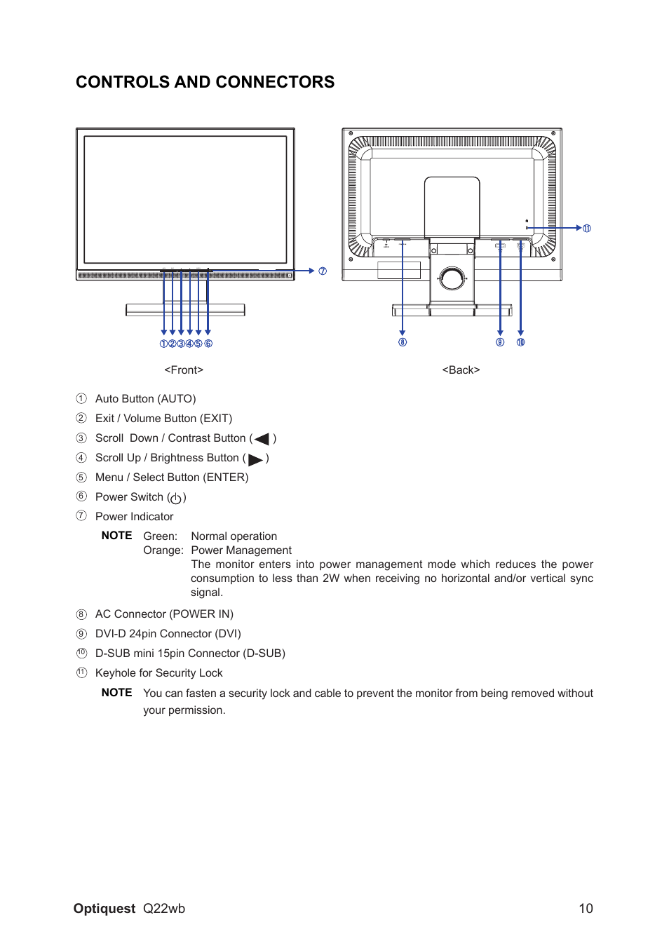 Controls and connectors, Optiquest q22wb 10 | Optiquest QW22B VS11725 User Manual | Page 13 / 24