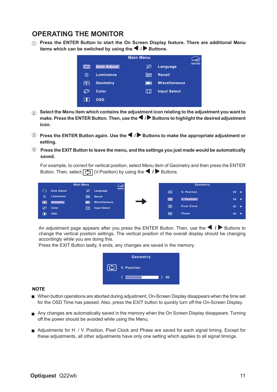 Operating the monitor, Optiquest q22wb 11 | Optiquest QW22B VS11725 User Manual | Page 14 / 24