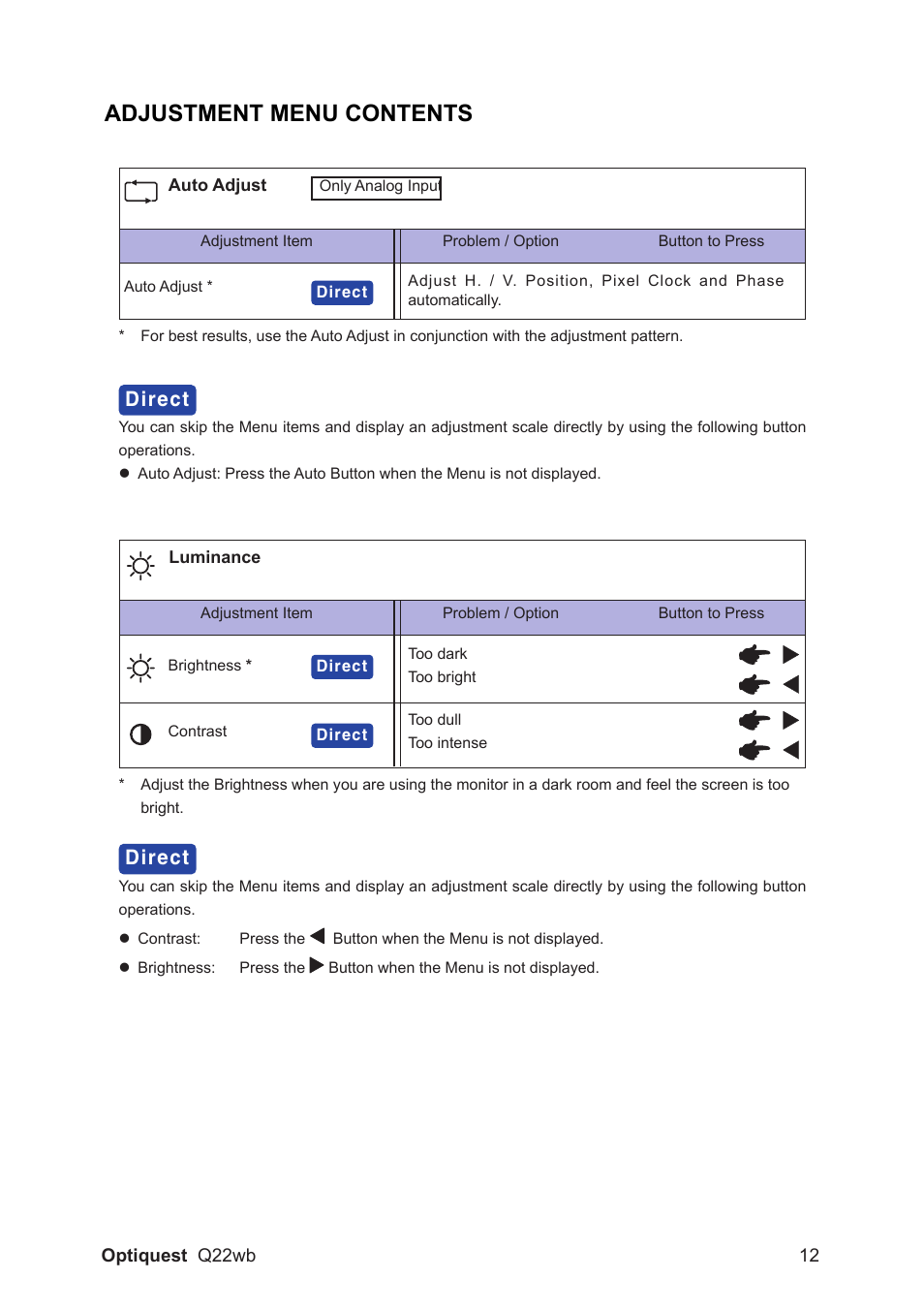 Adjustment menu contents, Direct | Optiquest QW22B VS11725 User Manual | Page 15 / 24
