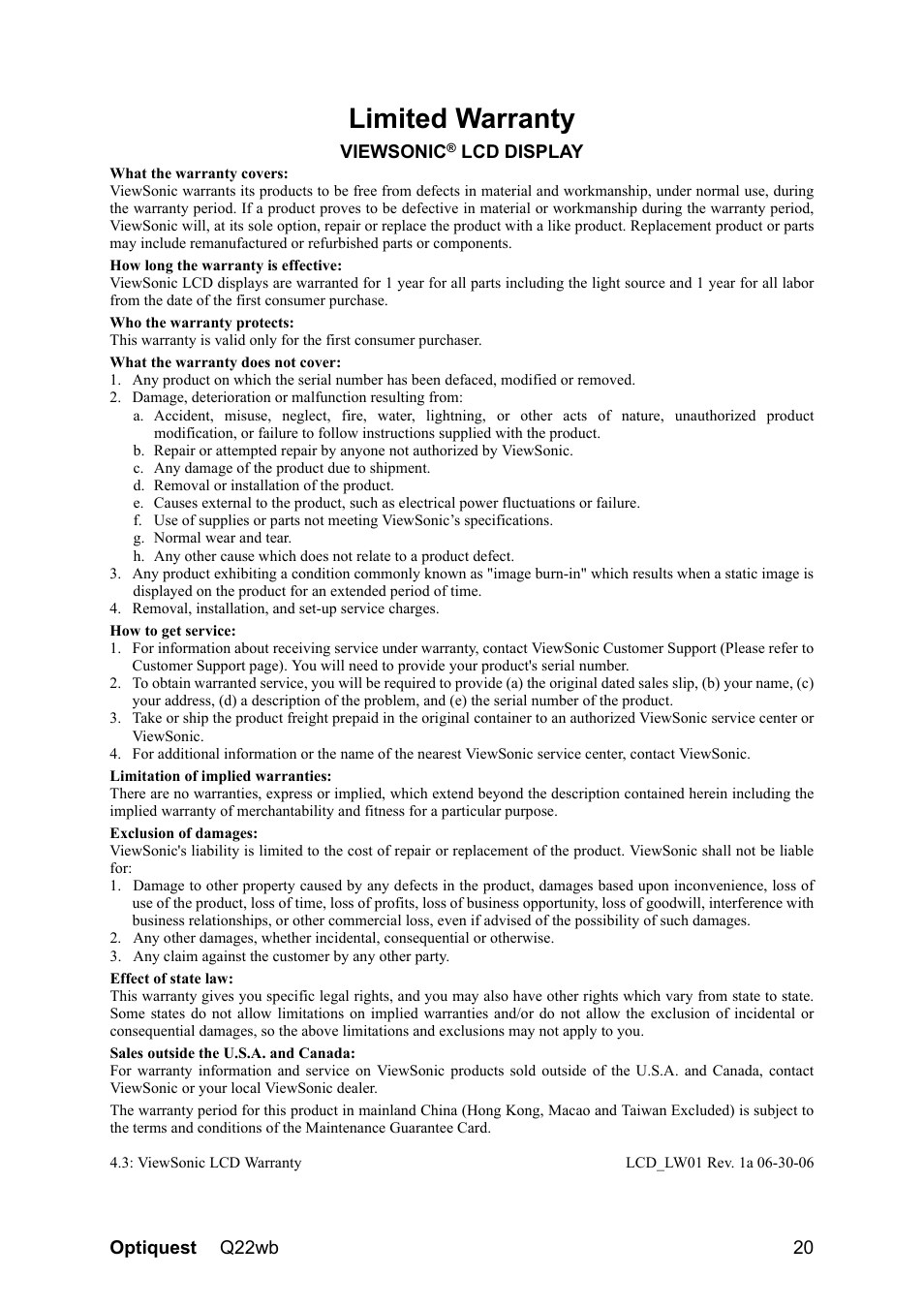 Limited warranty | Optiquest QW22B VS11725 User Manual | Page 23 / 24
