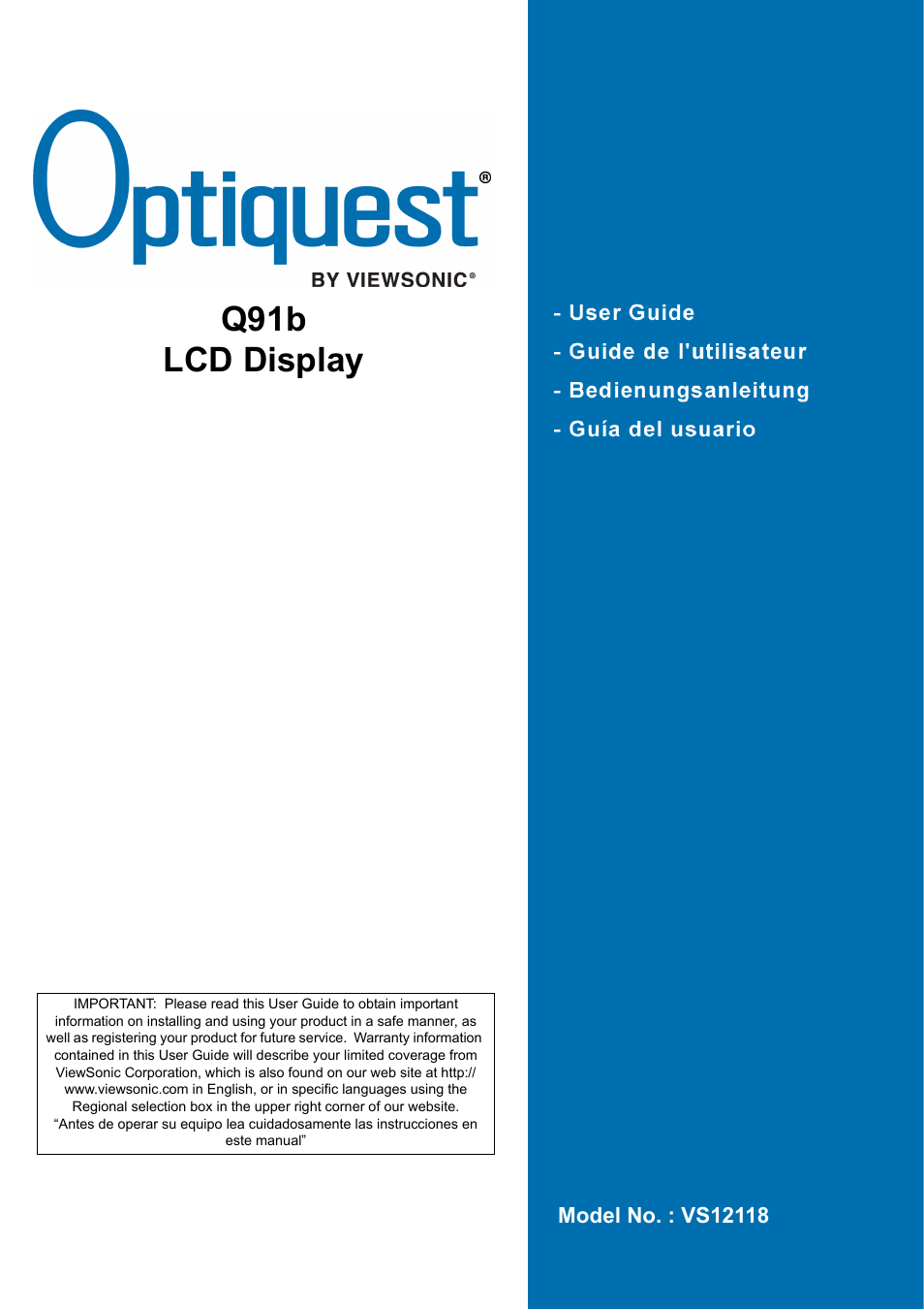 Optiquest VS12118 User Manual | 26 pages