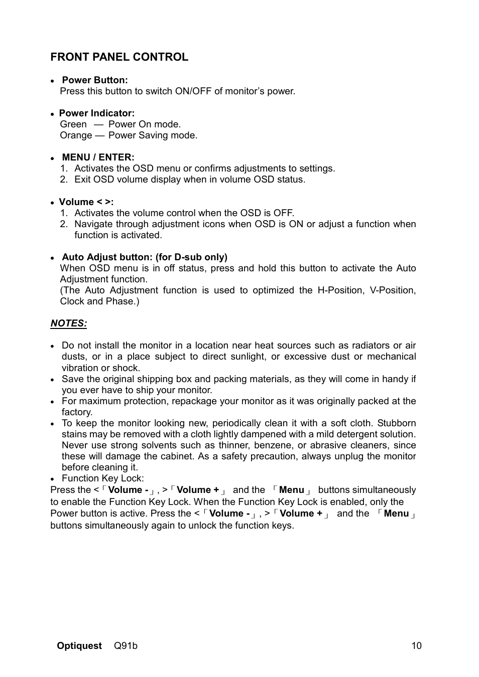 Front panel control | Optiquest VS12118 User Manual | Page 13 / 26