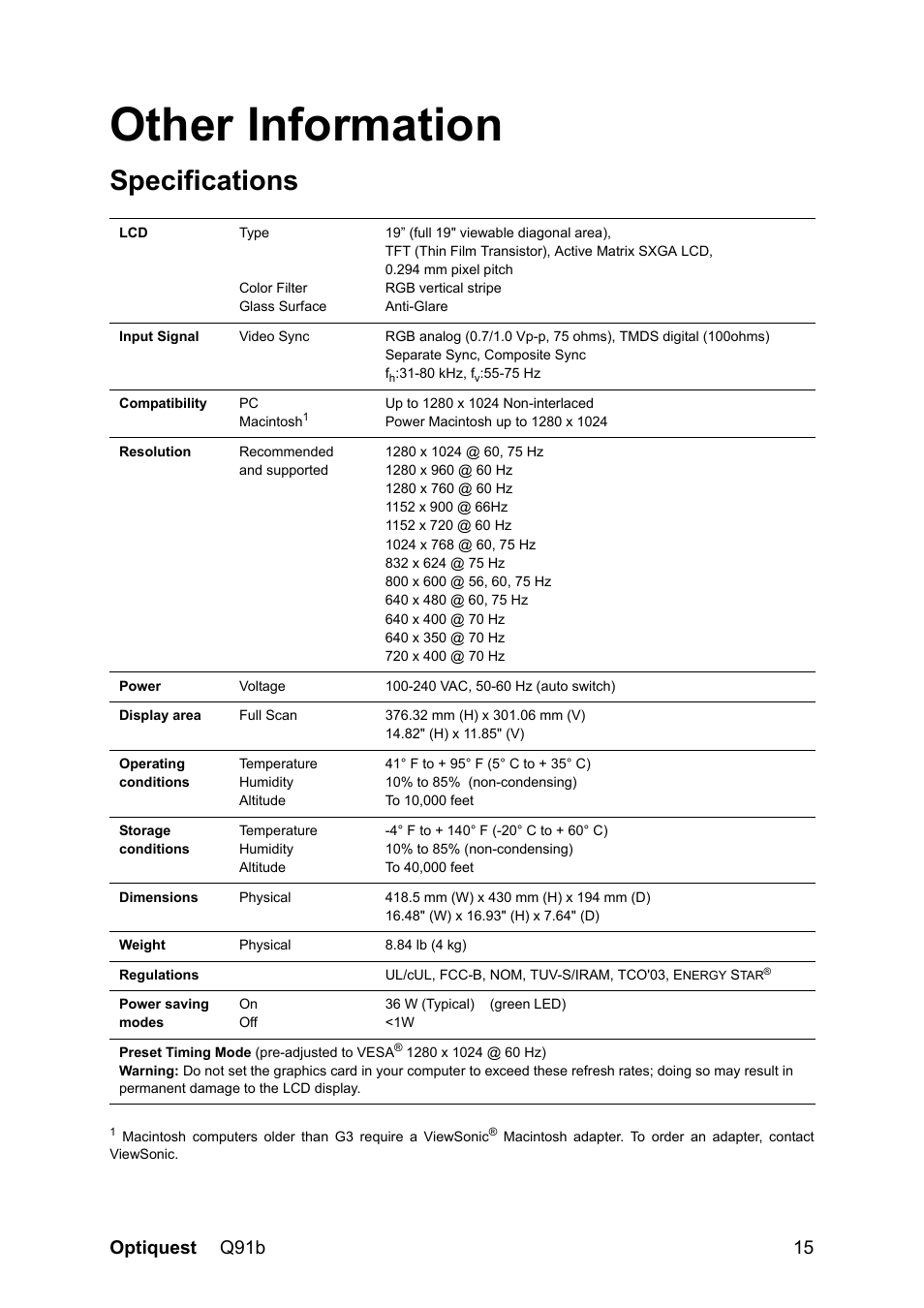Other information, Specifications, Optiquest q91b 15 | Optiquest VS12118 User Manual | Page 18 / 26