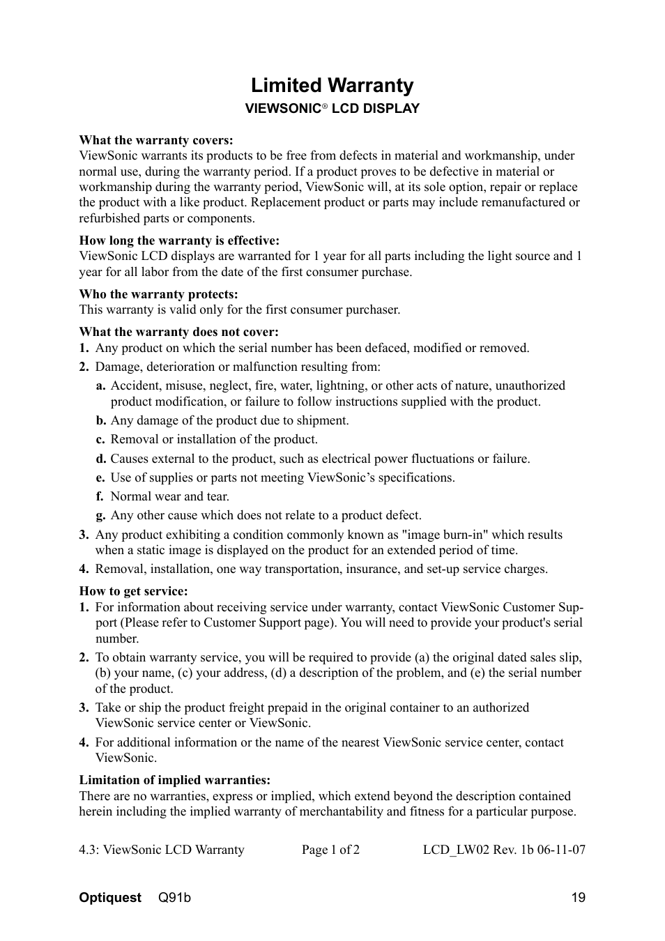 Limited warranty | Optiquest VS12118 User Manual | Page 22 / 26