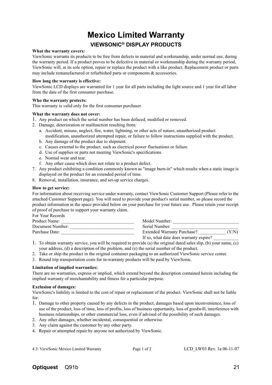 Mexico limited warranty | Optiquest VS12118 User Manual | Page 24 / 26
