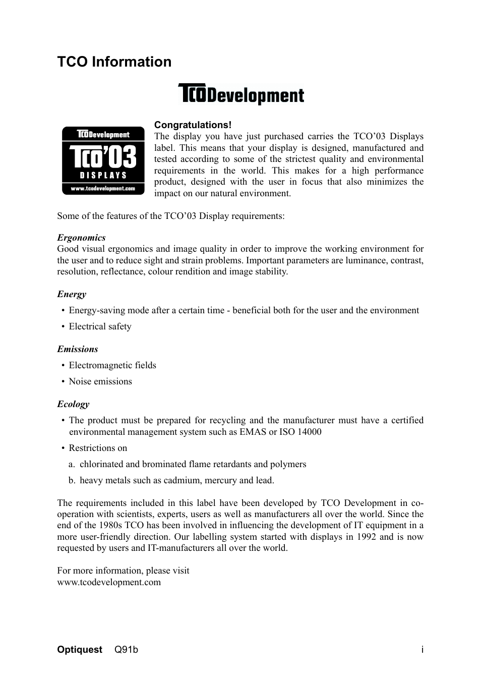 Tco information | Optiquest VS12118 User Manual | Page 3 / 26