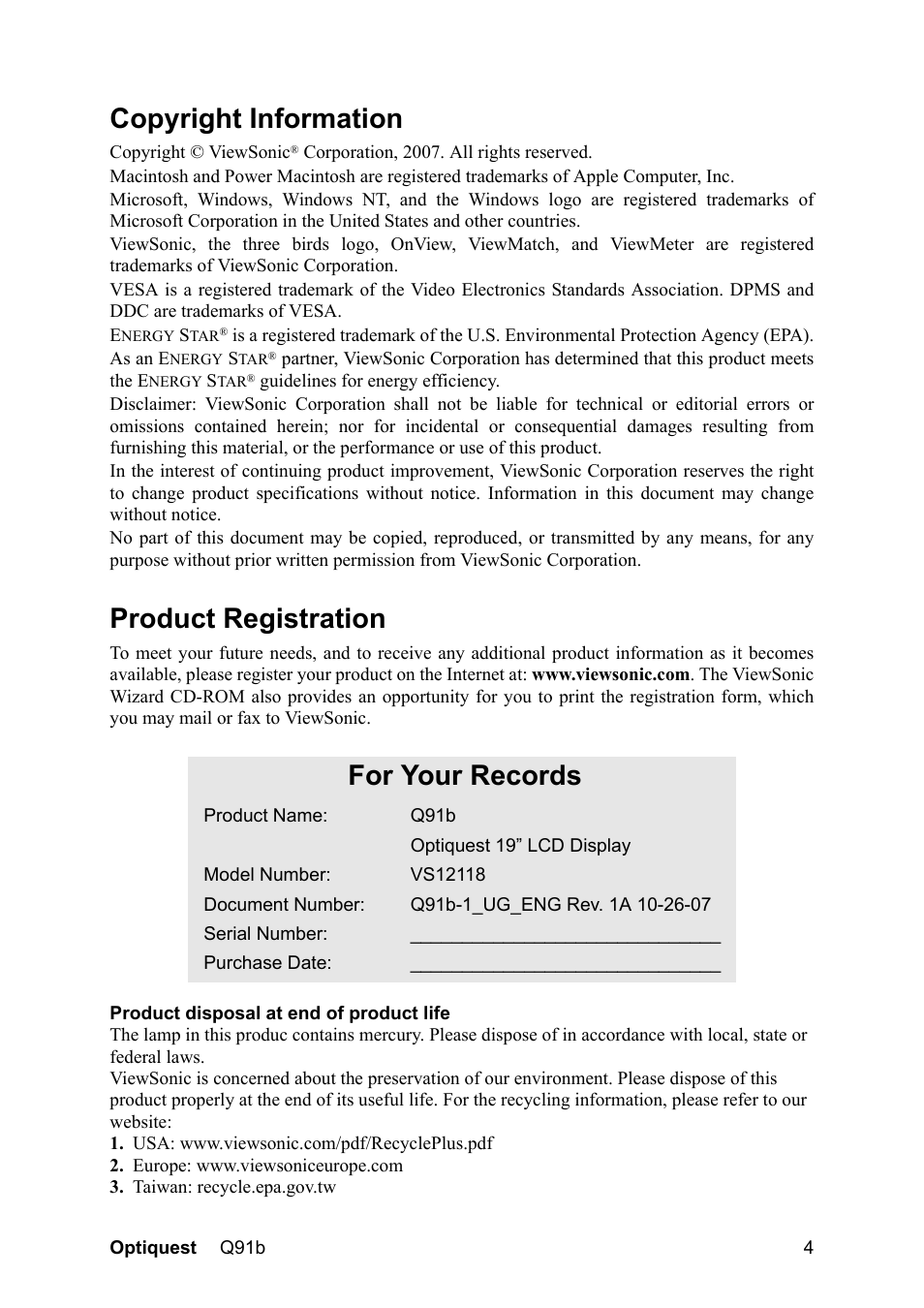 Copyright information, Product registration, For your records | Optiquest VS12118 User Manual | Page 7 / 26