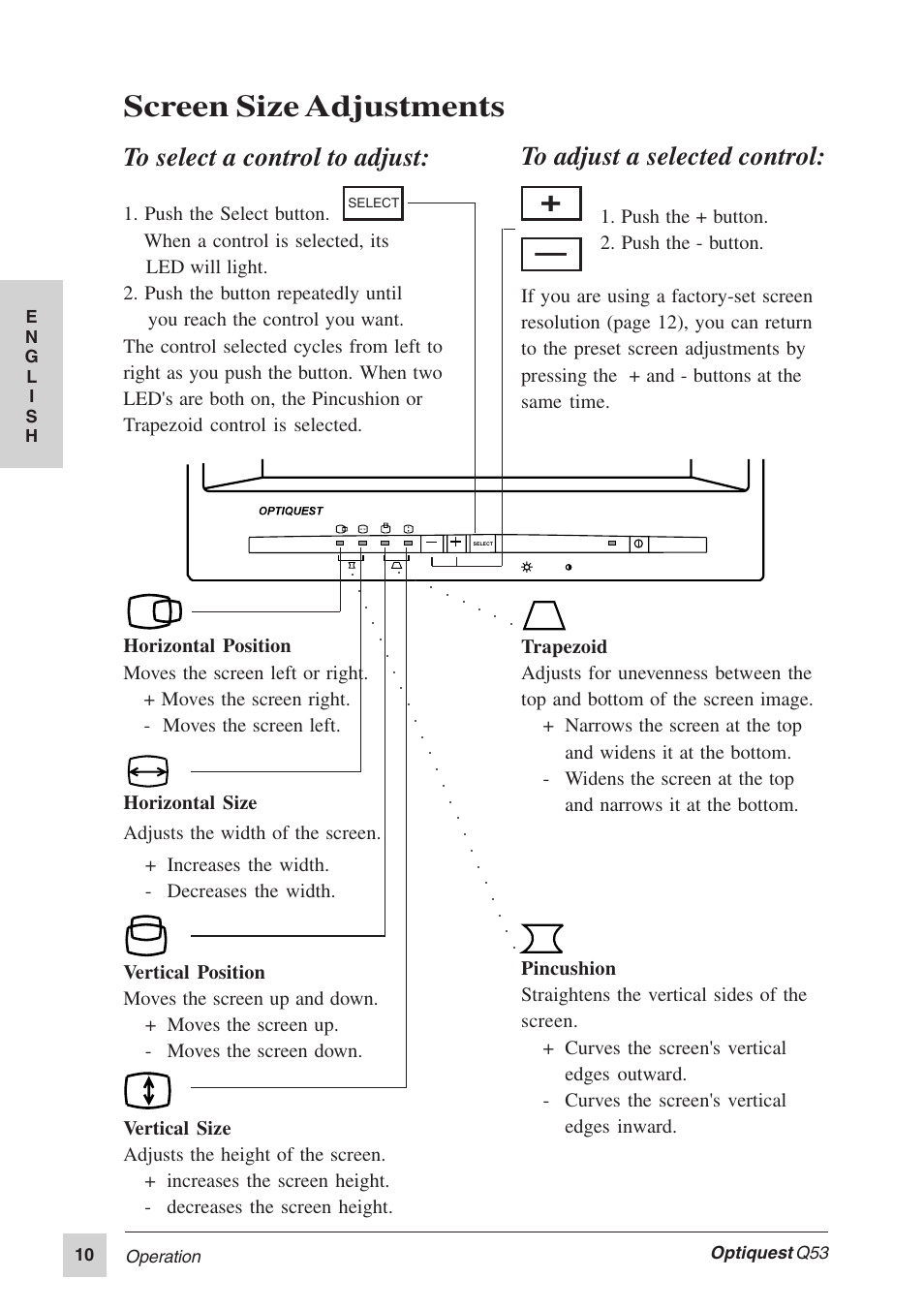 Screen size adjustments | Optiquest Q53 User Manual | Page 15 / 34