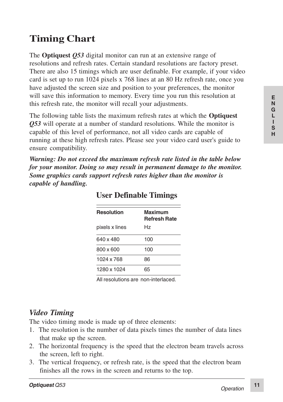 Timing chart, Video timing, User definable timings | Optiquest Q53 User Manual | Page 16 / 34