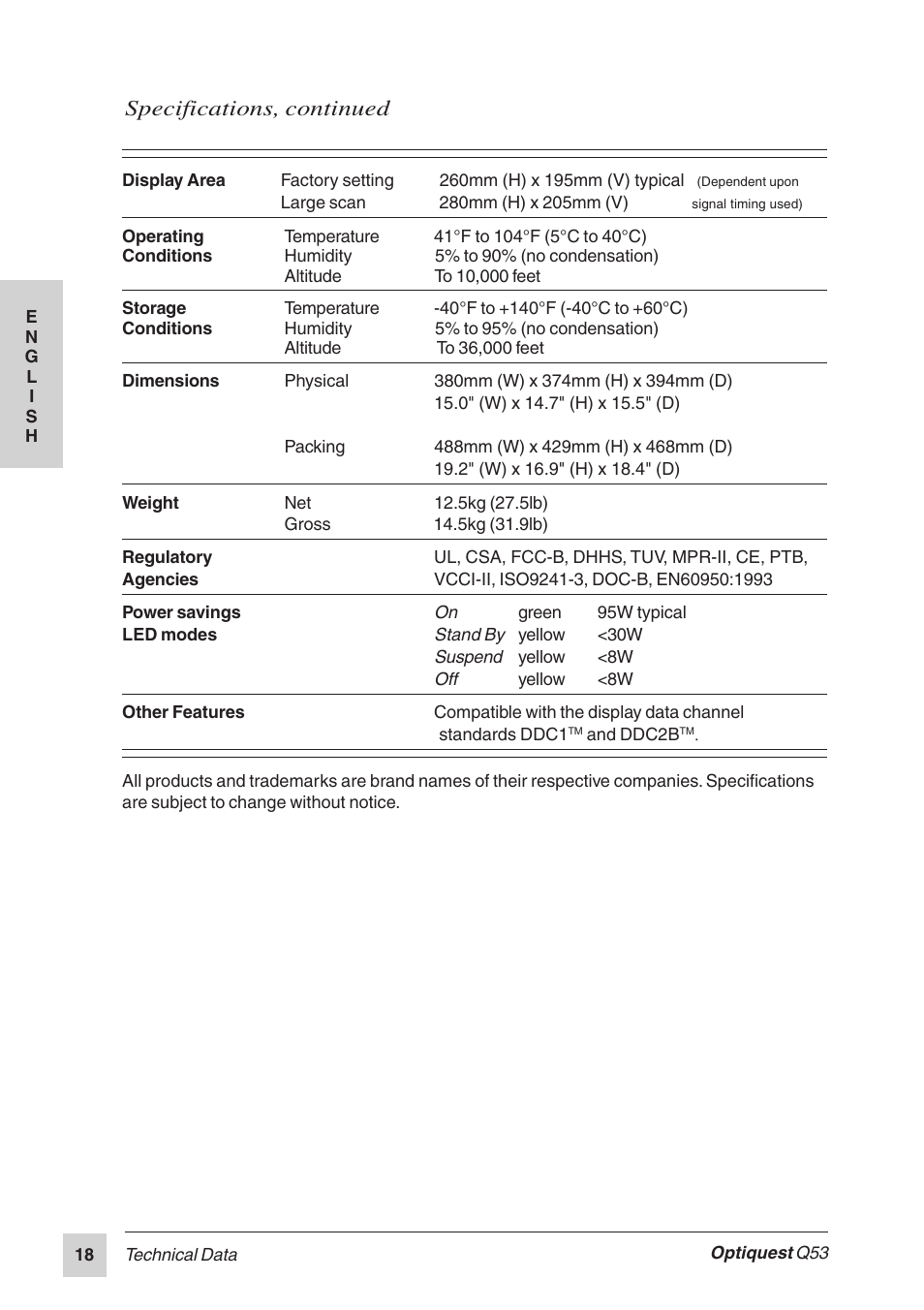 Specifications, continued | Optiquest Q53 User Manual | Page 23 / 34