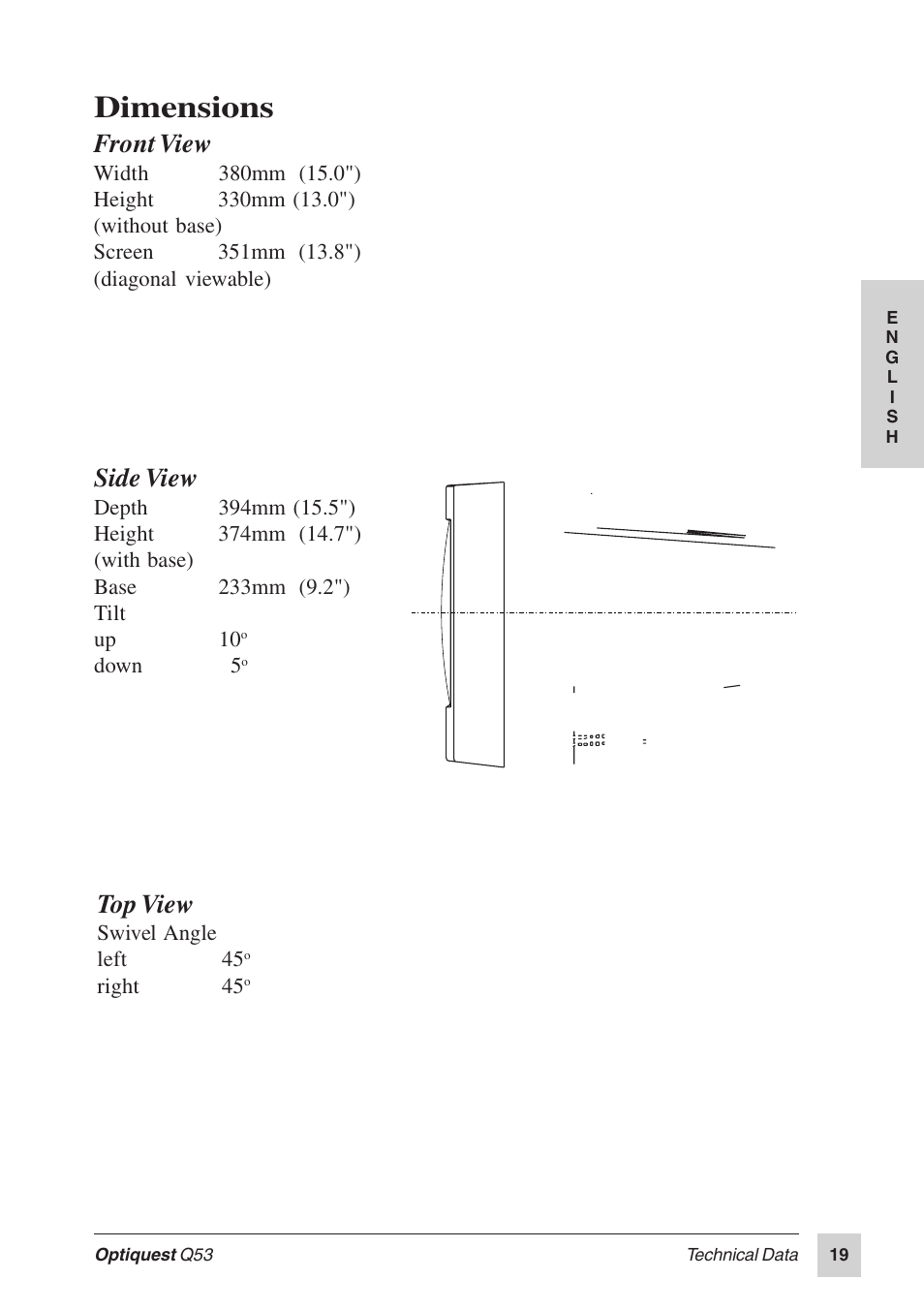 Dimensions, Front view, Side view | Top view | Optiquest Q53 User Manual | Page 24 / 34