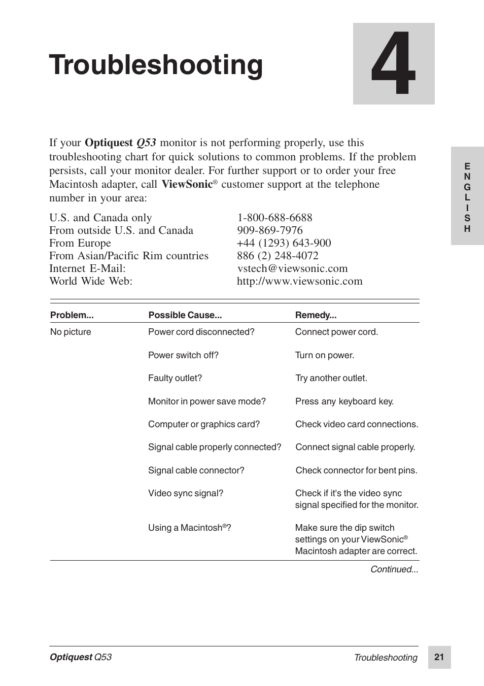 Troubleshooting | Optiquest Q53 User Manual | Page 26 / 34
